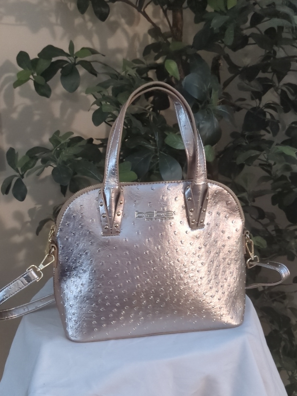 bebe Metallic Rose Dome Satchel in Shimmery Rose Gold